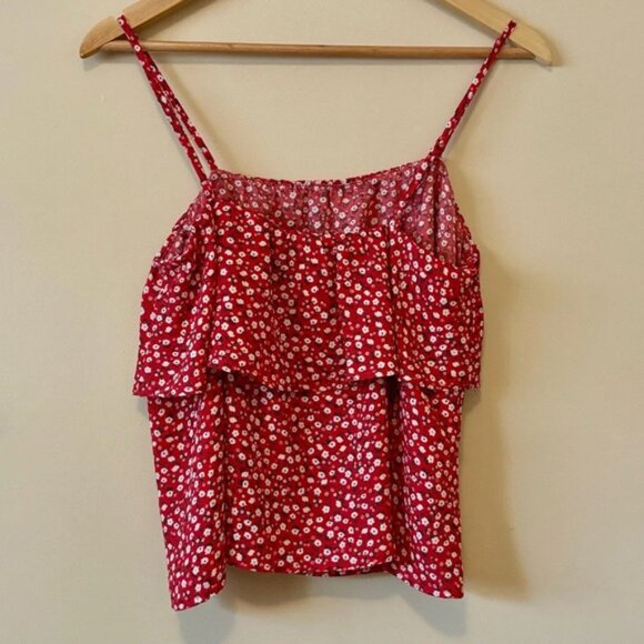 Hippie Rose Red Daisy Dots Floral Spaghetti Strap Flowy Ruffle Womens Top M - Picture 3 of 5